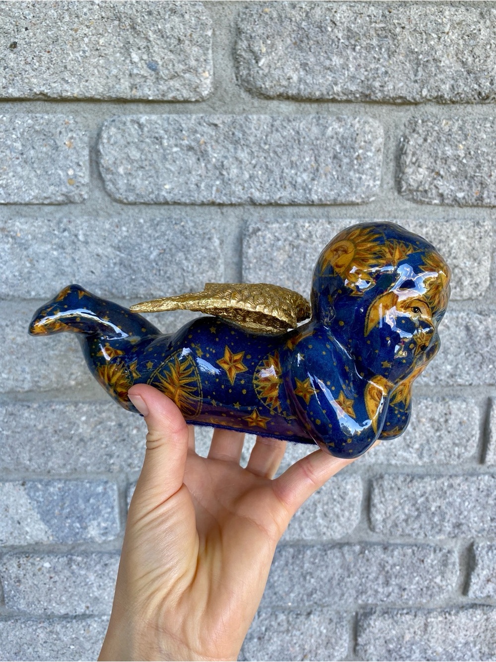 Joan Baker Celestial Cherub Laying Angel Blue Gold Sun Moon Decor